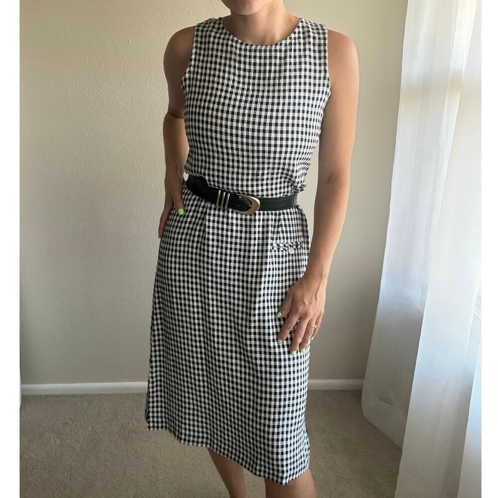 Vintage 90s Black White Gingham Midi Dress cottage preppy retro grandma granny